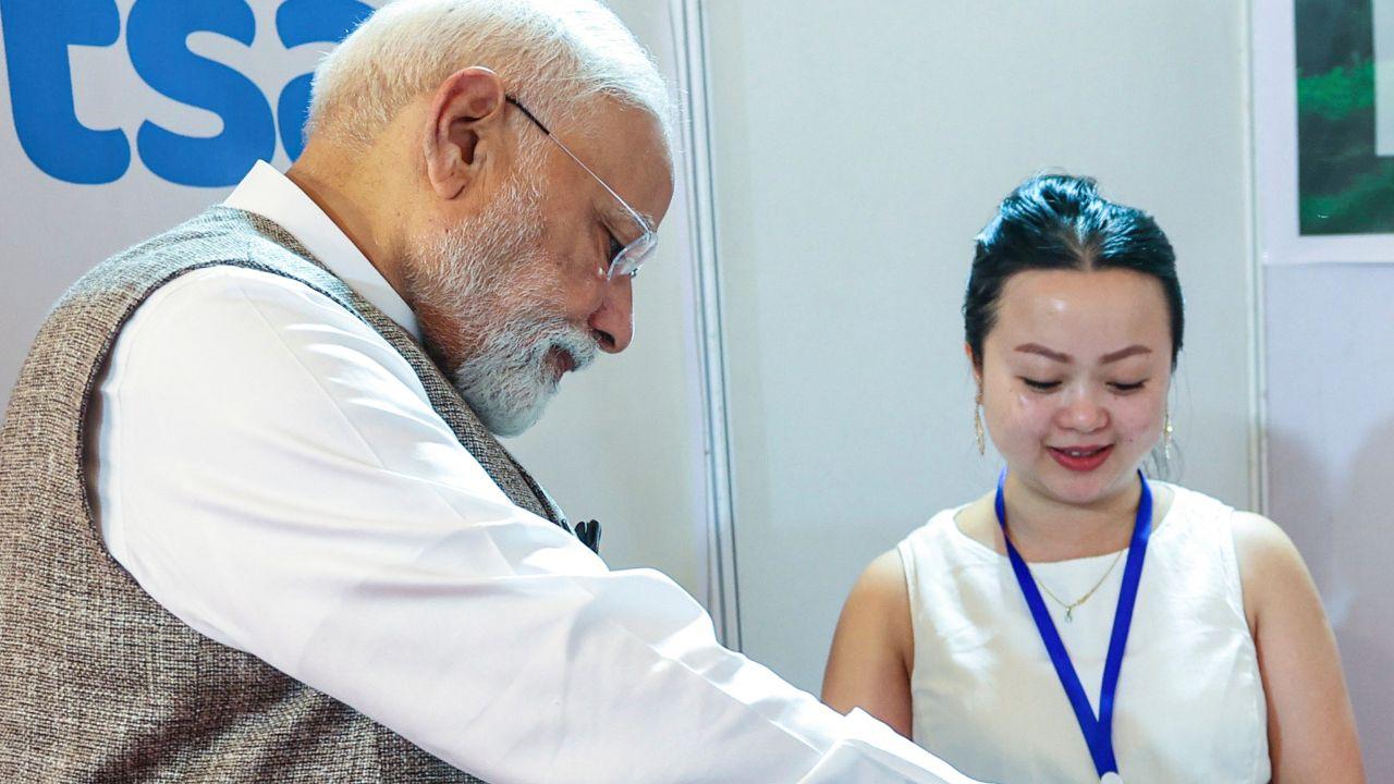 Prime Minister Narendra Modi visits an exhibition organised at Indira Gandhi Park, in Itanagar, Arunachal Pradesh